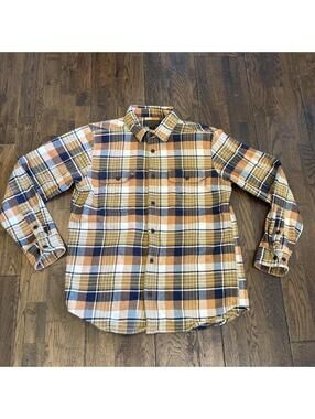 Filson Vintage Flannel Work Shirt Orange Navy Plaid Heavyweight Men’s L